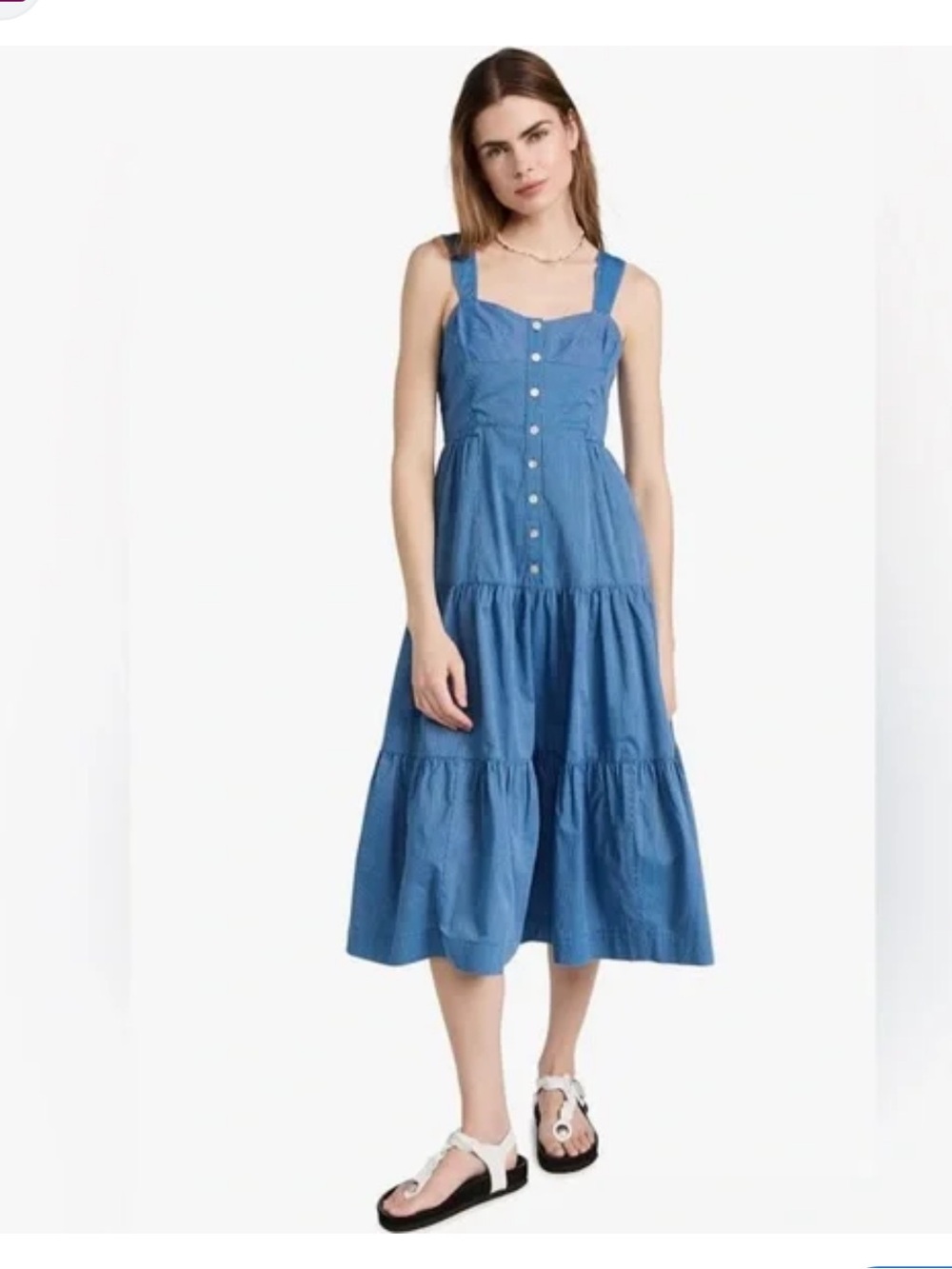 Madewell Women's Button-Front Tiered Midi Dress in Striped blue white nautical